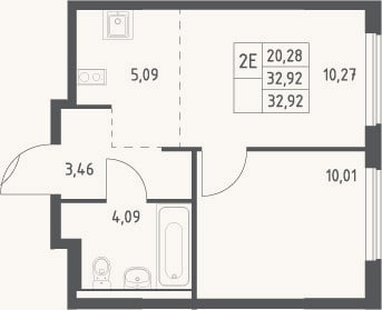 Планировка: 2-к, 32,9 м²