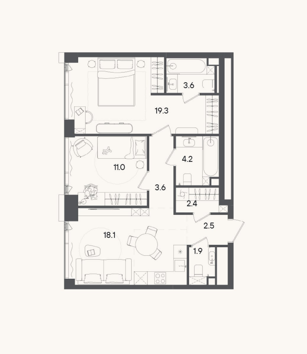Планировка: 3-к, 66,6 м²