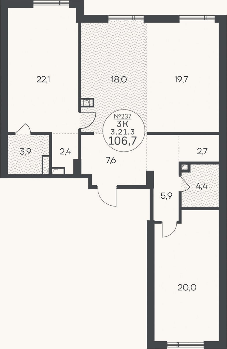 Планировка: 3-к, 106,7 м²