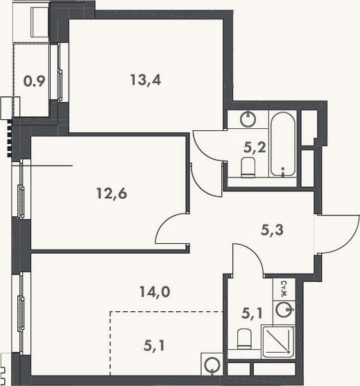 Планировка: 3-к, 60,7 м²