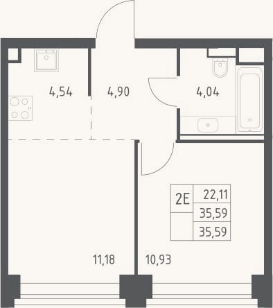 Планировка: 2-к, 35,6 м²