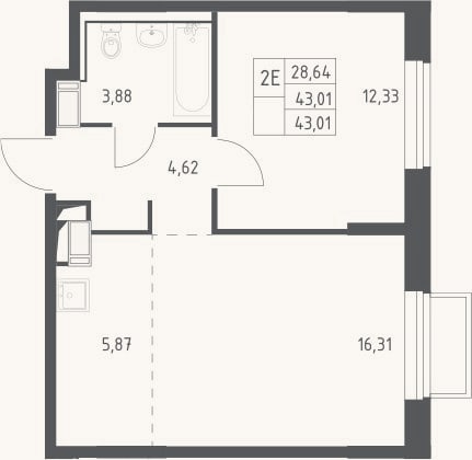 Планировка: 2-к, 43 м²