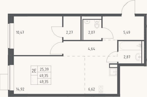 Планировка: 2-к, 49,4 м²