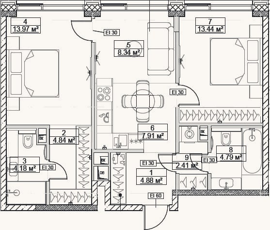 Планировка: 3-к, 64,8 м²