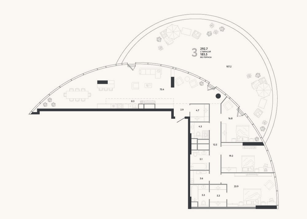 Планировка: 4+ к, 185,5 м²