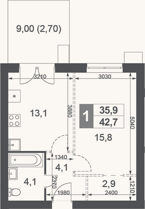 Планировка: 1-к, 40 м²