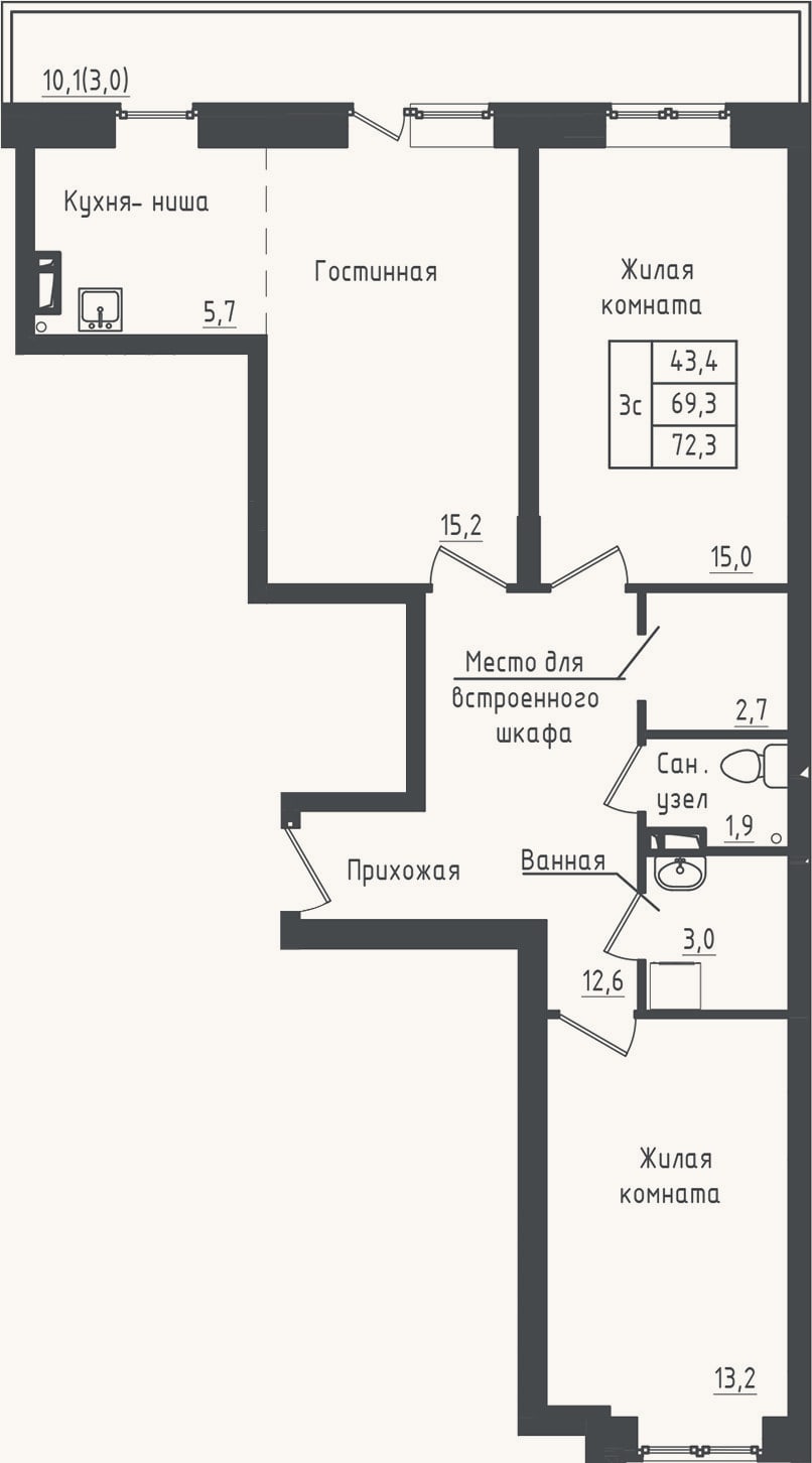 Планировка: 2-к, 69,3 м²