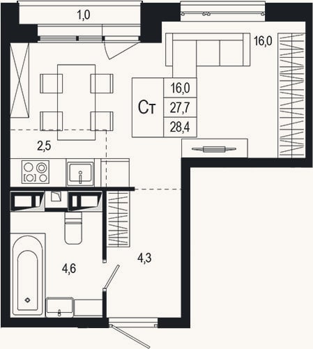 Планировка: Студия, 27,7 м²