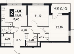 Планировка: 2-к, 58,3 м²