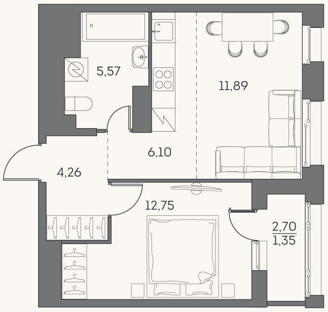 Планировка: 2-к, 40,6 м²