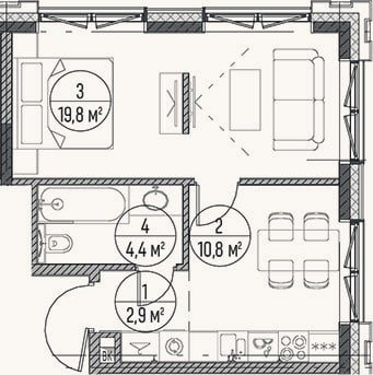 Планировка: 1-к, 37,9 м²
