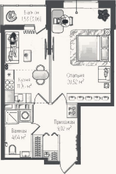 Планировка: 1-к, 45,9 м²