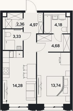 Планировка: 1-к, 47,5 м²