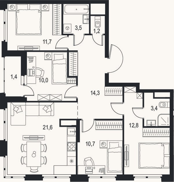 Планировка: 4+ к, 89,2 м²