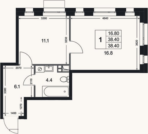 Планировка: 1-к, 38,4 м²