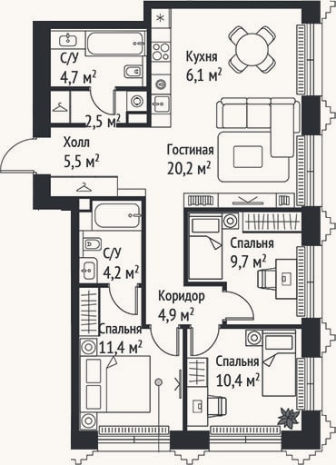 Планировка: 4+ к, 79,6 м²