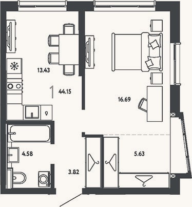 Планировка: 1-к, 44,2 м²