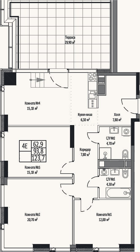 Планировка: 4+ к, 93,8 м²