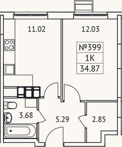 Планировка: 1-к, 34,9 м²