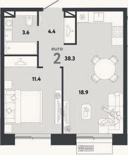 Планировка: 2-к, 38,3 м²