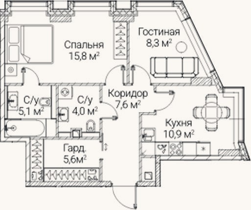 Планировка: 2-к, 57,3 м²