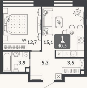 Планировка: 2-к, 40,5 м²
