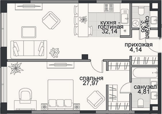 Планировка: 2-к, 72,4 м²