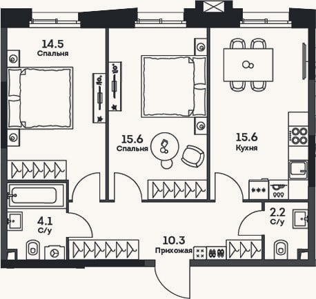 Планировка: 2-к, 62,3 м²