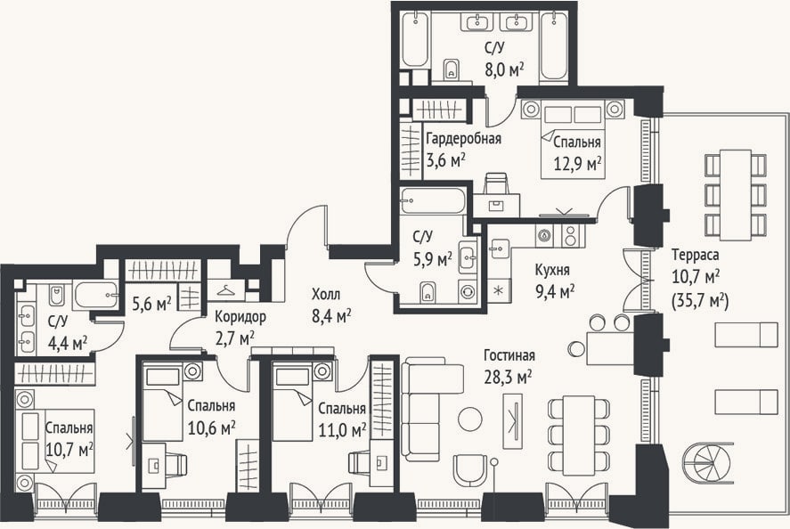 Планировка: 4+ к, 121,5 м²