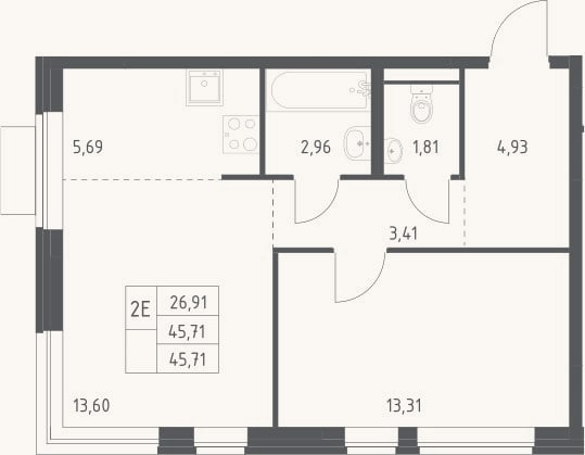 Планировка: 2-к, 45,7 м²