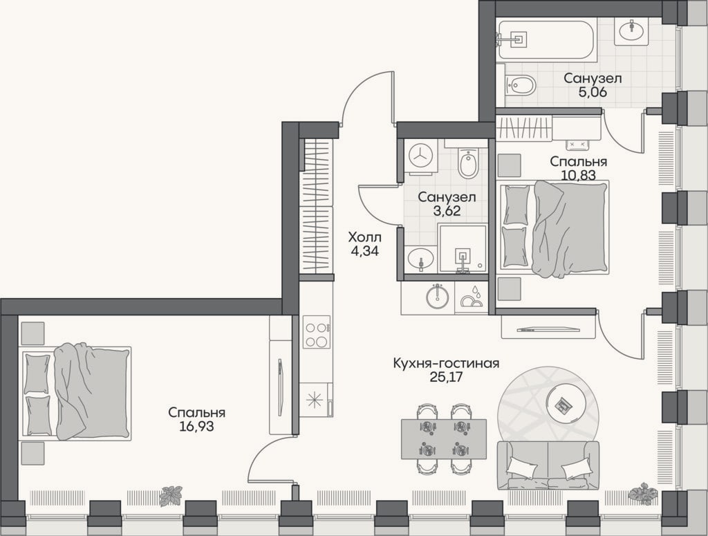 Планировка: 3-к, 61,7 м²