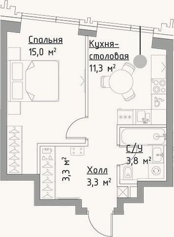 Планировка: 1-к, 36,7 м²