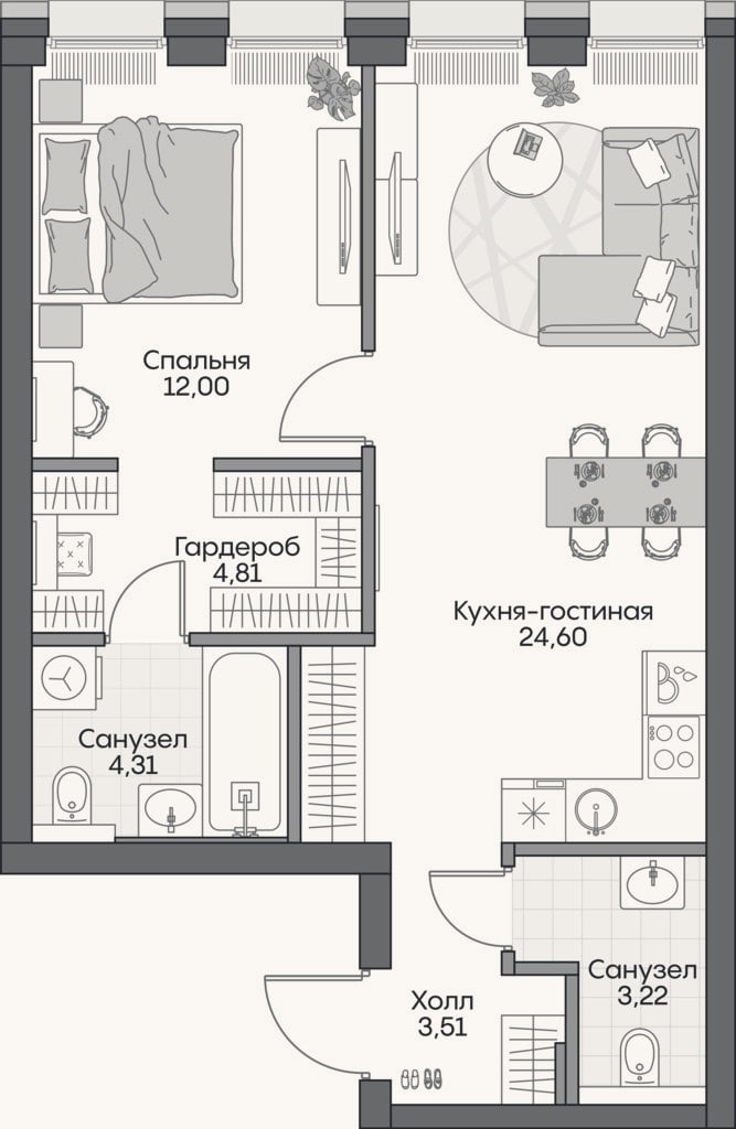 Планировка: 2-к, 52,4 м²