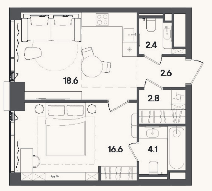 Планировка: 2-к, 45,7 м²