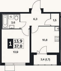 Планировка: 1-к, 36,1 м²