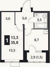 Планировка: 1-к, 33,5 м²