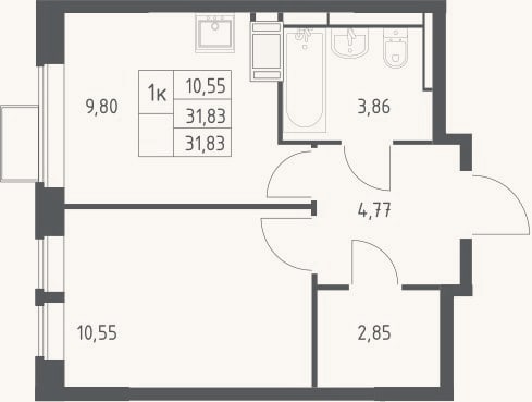 Планировка: 1-к, 31,8 м²