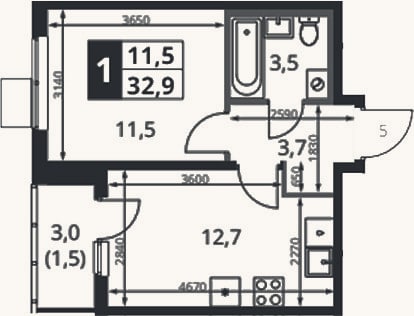 Планировка: 1-к, 31,4 м²