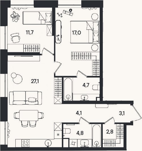 Планировка: 3-к, 75,3 м²