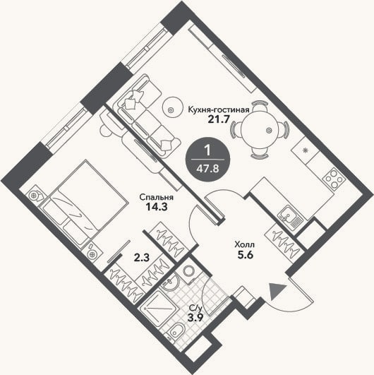 Планировка: 2-к, 47,8 м²