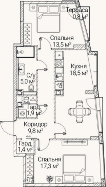 Планировка: 2-к, 67,4 м²