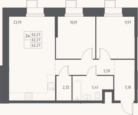 Планировка: 3-к, 62,3 м²
