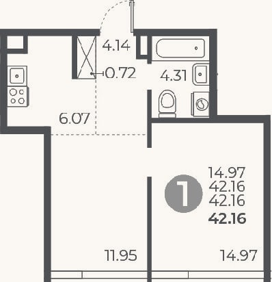 Планировка: 1-к, 42,2 м²