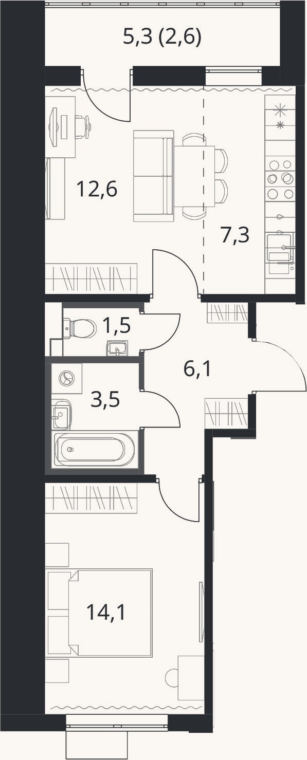 Планировка: 1-к, 45,1 м²