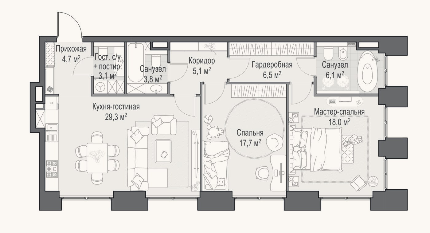 Планировка: 3-к, 95 м²