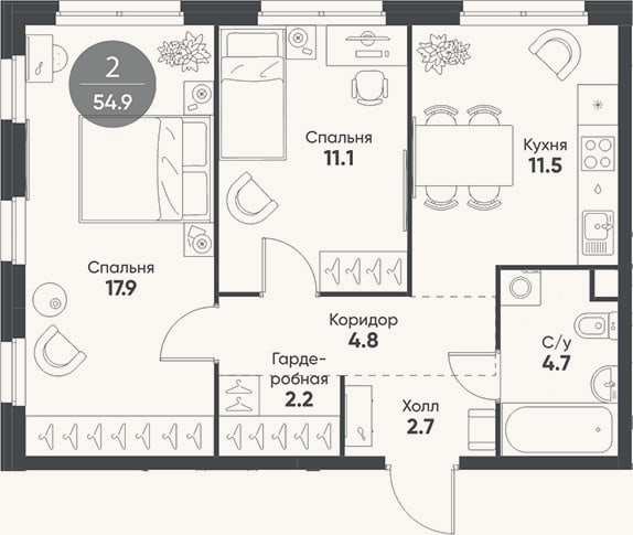 Планировка: 2-к, 54,9 м²