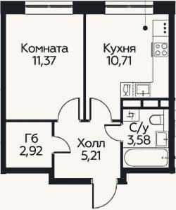 Планировка: 1-к, 33,8 м²