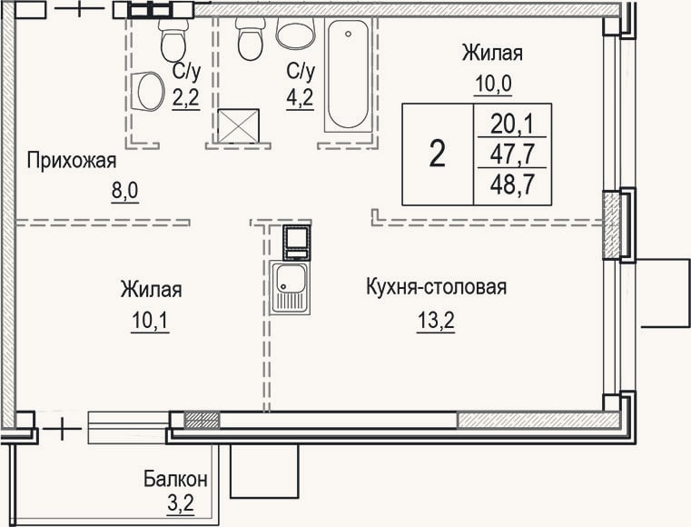 Планировка: 3-к, 47,7 м²