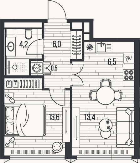 Планировка: 2-к, 44,2 м²