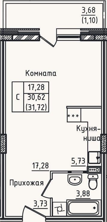 Планировка: Студия, 30,6 м²